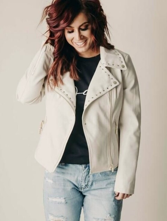 Chelsea Deboer Jackets & Blazers - Chelsea Deboer cream faux leather biker jacket gold studded moto women's XL new